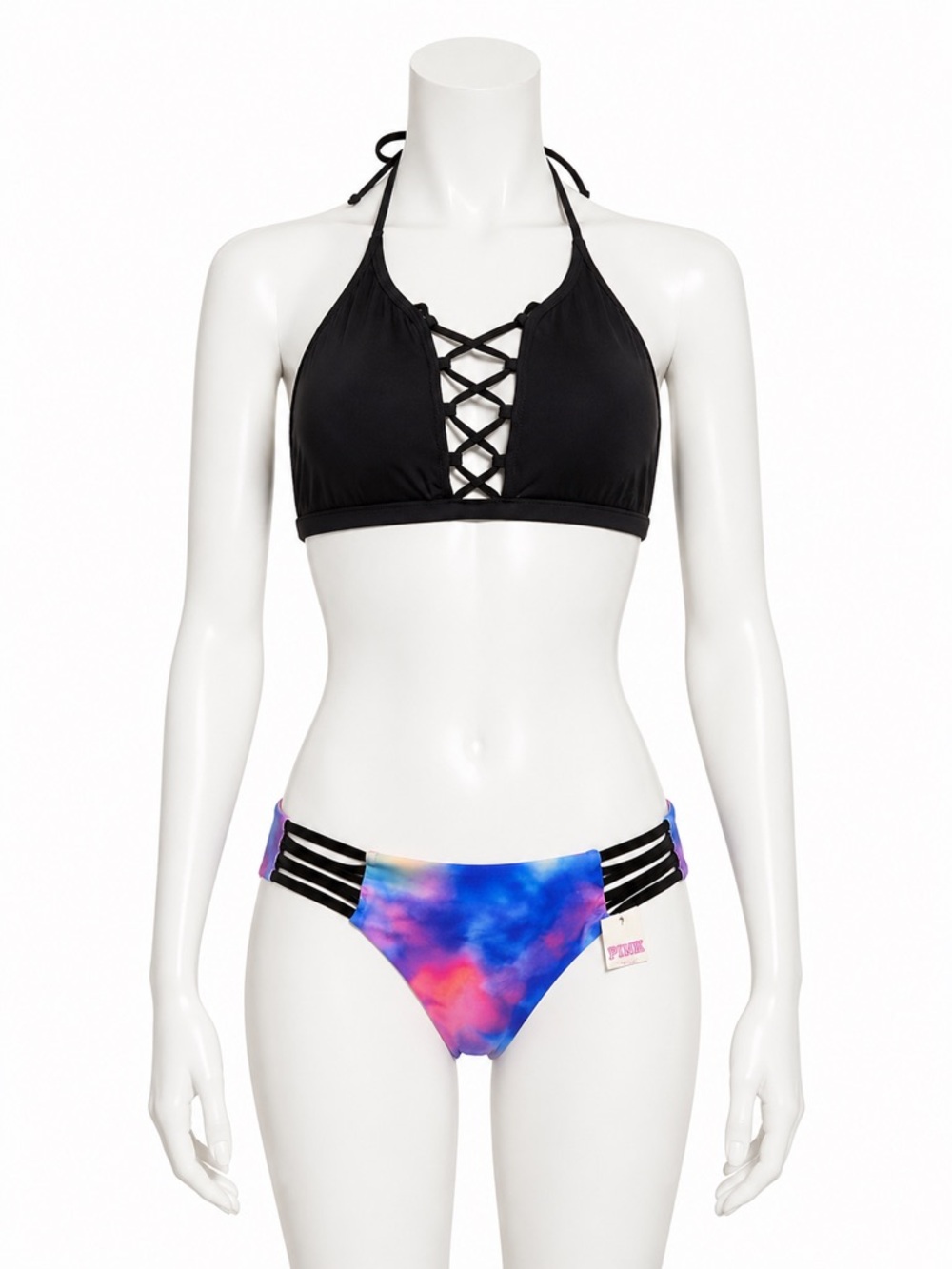 Victoria's Secret PINK Lace Up Halter Bikini Swimsuit Top Tie Dye Bottom‎ Small
